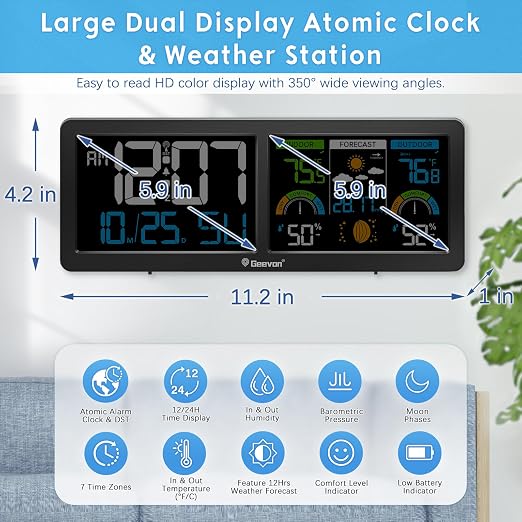 Geevon Weather Stations Wireless Indoor Outdoor Thermometer with Atomic Clock, HD Color Display Digital Temperature Humidity Monitor with Barometer, Comfort Indicator, and Adjustable Backlight
