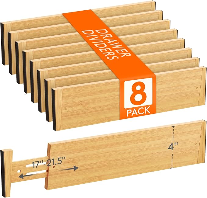 Lifewit 4" High 8 Pack Bamboo Drawer Dividers 43-54cm/17-21.5" Adjustable Wooden Drawer Organizer for Clothes/Utensils, Expandable Drawer Separator for Dresser/Kitchen/Bedroom/Office Organization