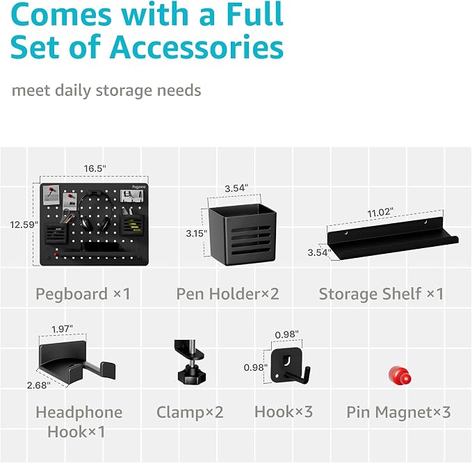 PEGZONE Clamp-on Desk Pegboard, Desk Organizer for Office Gaming Home, Magnetic Metal Peg Board with 10 Accessories, Privacy Panel, 16.5" x 12.6", Medium, Black