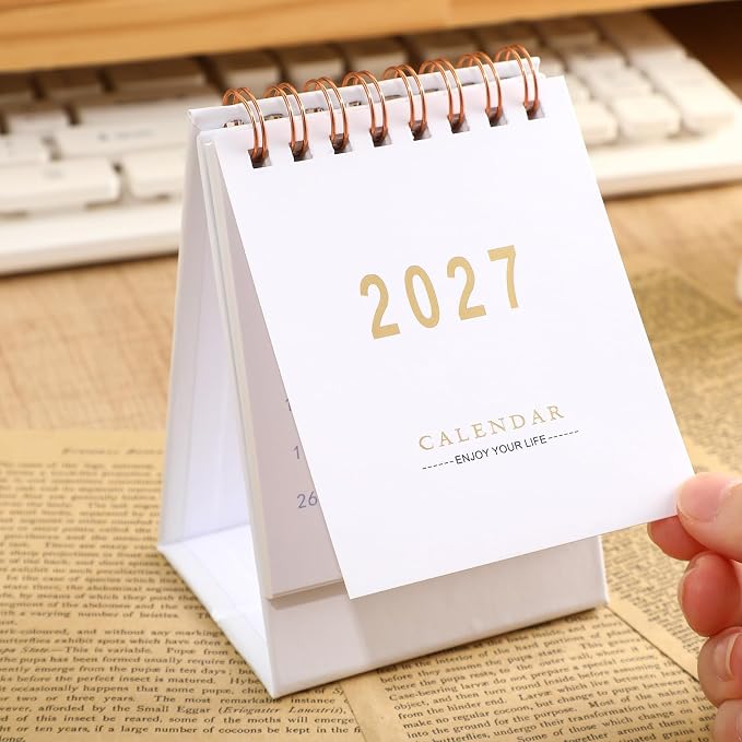 Mini Desk Calendar 2026-2027, Monthy Small Desktop Calendar Runs From July 2026 until Dec 2027, 250 GSM Thick Paper Twin-Wire Binding for Home or Office (White)