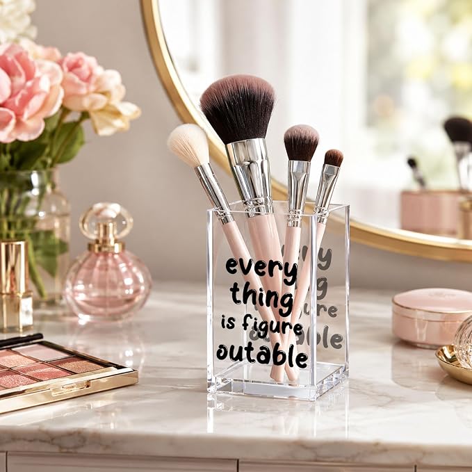Acrylic Pen Holder Cup, “Everything Is Figureoutable” Desk Decor, Inspirational Pencil Holder Organizer, Motivational Office Accessories, Gift for Women Coworker