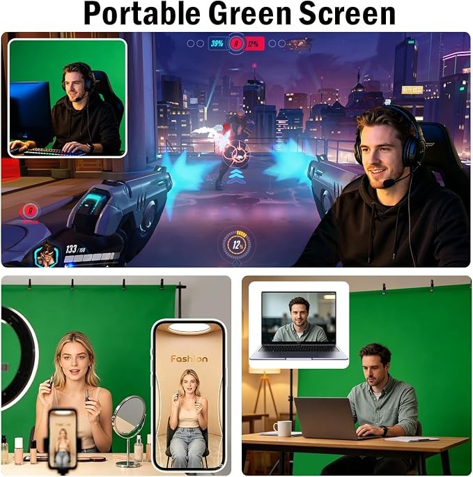 Green Screen Backdrop Kit - 10ft Wide x 6.5ft Tall Portable Green Screen with Heavy Duty Stand, 5 Heavy Duty Clamps & Carrying Bag for Professional Photography, Video Production, Gaming, Zoom Calls