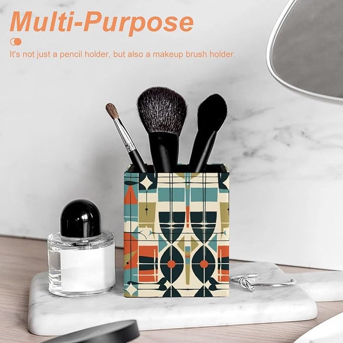 Modern Mid Century Pen Holder Office Supplies for Desk Storage | Smooth PU Leather Pencil Cup Case, Square Desk Organizer, for Pen Remote Brush Stationery Office Supplies Daily Essentials