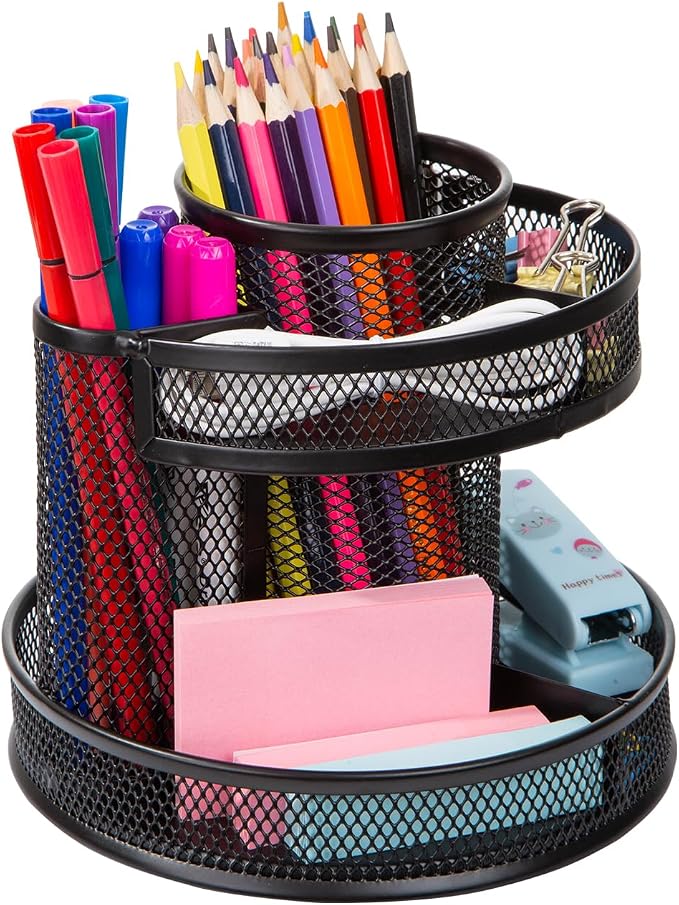 Comix Mesh 360° Rotating Pen Holder, Desk Organizer for Home Office, Black | 5 Compartment Pencil Holder, Sticky Notes Holder, Pen Organizer Office Supplies