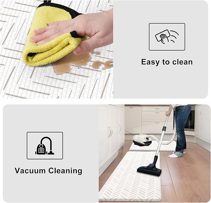 KIMODE Anti Fatigue Kitchen Mat, Boho Kitchen Rugs Sets of 2, Cushioned Kitchen Floor Mats Non Slip, Waterproof Comfort Foam Standing Desk Mat for Laundry, Office, Sink, Light Brown/Beige