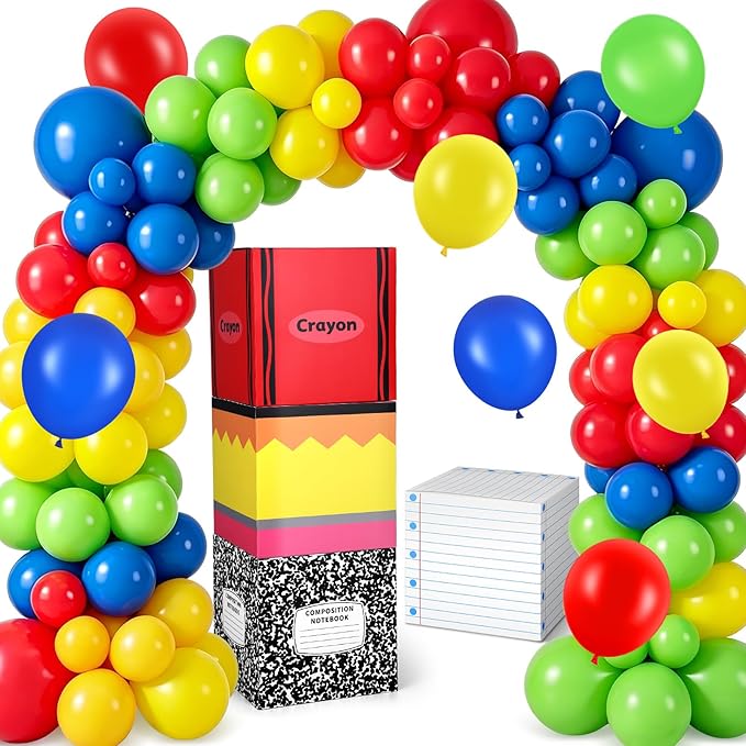 115 Pcs Back to School Decor Sets Rainbow Balloon Arch Kit Composition Notebook Pencil Crayon Balloon Box for Classroom Party Kindergarten Graduation Teacher Appreciation Photo Booth Prop Supplies