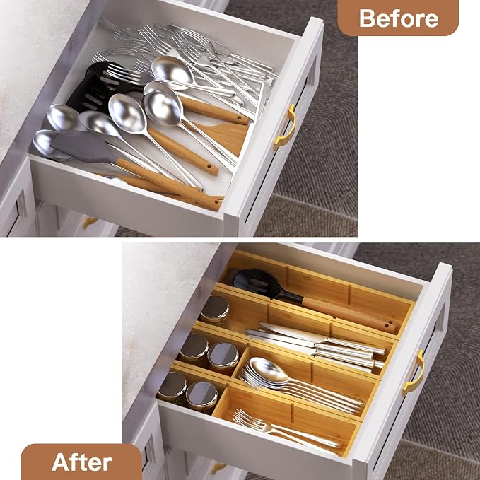 DUJEN 4 Packs Bamboo Drawer Organizer, Adjustable 3 Individual Junk Drawer organizer for Bathroom and Kitchen, Wood Drawer Organier Boxes for Jewellery, Make up and Tea Bag