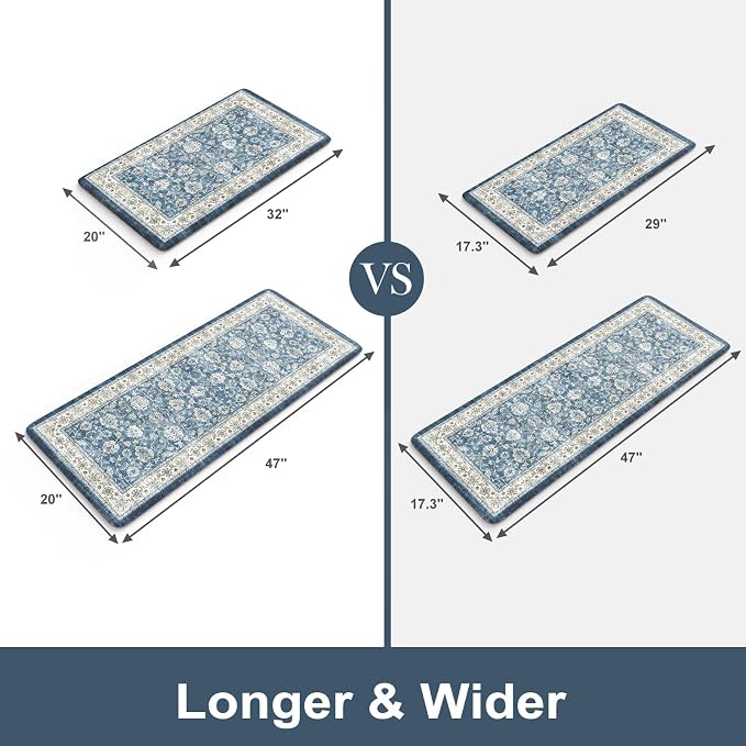 KIMODE Kitchen Mats Cushioned Anti Fatigue, Boho Oriental Kitchen Rugs Sets of 2, Blue Kitchen Mats for Floor, Padded Kitchen Floor Mat, Non Slip Standing Desk Mats for Sink Laundry Office