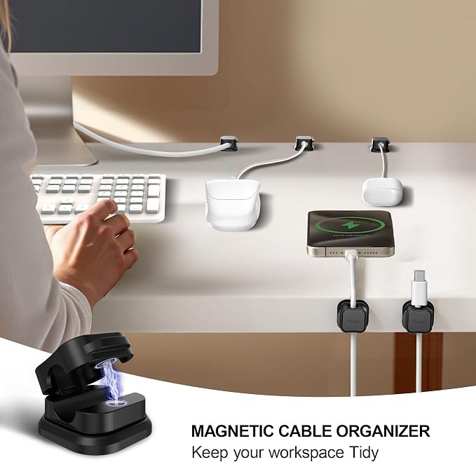 6 Pack Magnetic Cable Clip Organizer Cord Holder, Picozon Adhesive Cable Management, Wire Phone USB Charger Cable Holder, Keeper Organizer for Office Home Desktop Table - Black