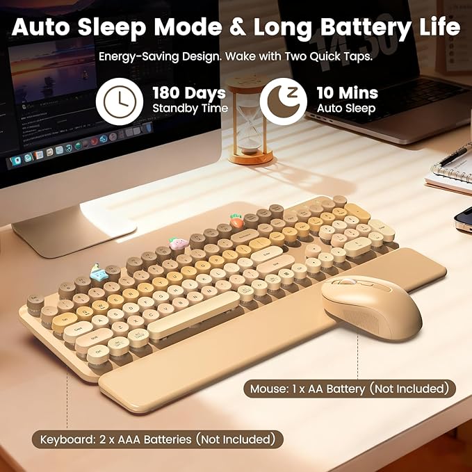 Wireless Keyboard and Mouse Combo, Cute Retro Typewriter Keyboard with Round Keycaps, Full-Size Aesthetic Keyboard with Magnetic Wrist Rest, 2.4GHz USB for Windows/Mac Desktop Laptop (Latte Gradient)