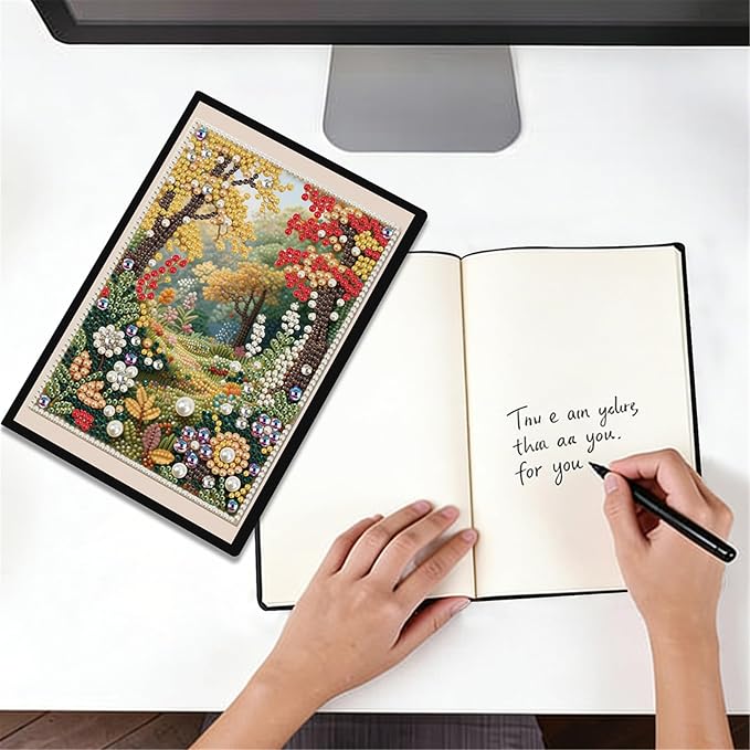 FRANDEK Pearl Painting Notebook Kit, Autumn Forest A5 DIY Journal with 50 Blank Pages, Diamond Gem Art Cover with Waterproof Canvas, Beginner Craft Set with Full Tools for Adults