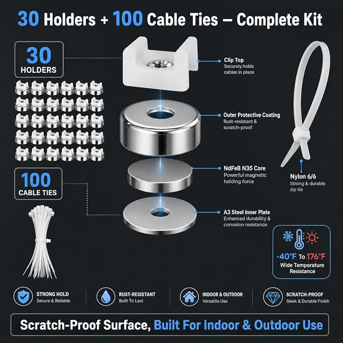Magnetic Cable Zip Tie Mounts Kit, 30 Pcs Holders with 100 Pcs Cable Ties, Heavy-Duty Magnetic Wire Management for Desk, Office, Home, Automotive, Marine, Multipurpose Cable Clips Organizers, Silver