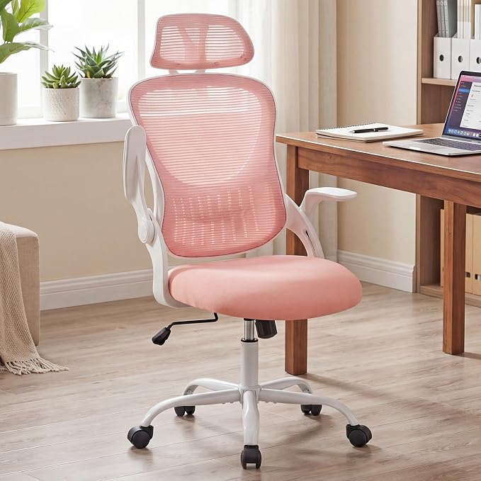Ergonomic Office Chair, Desk Chair Comfy with Wheels, Adjustable Headrests, Small Office Chair with arms, Breathable Mesh High-Back, Comfortable Swivel Seating for Home Office, Pink