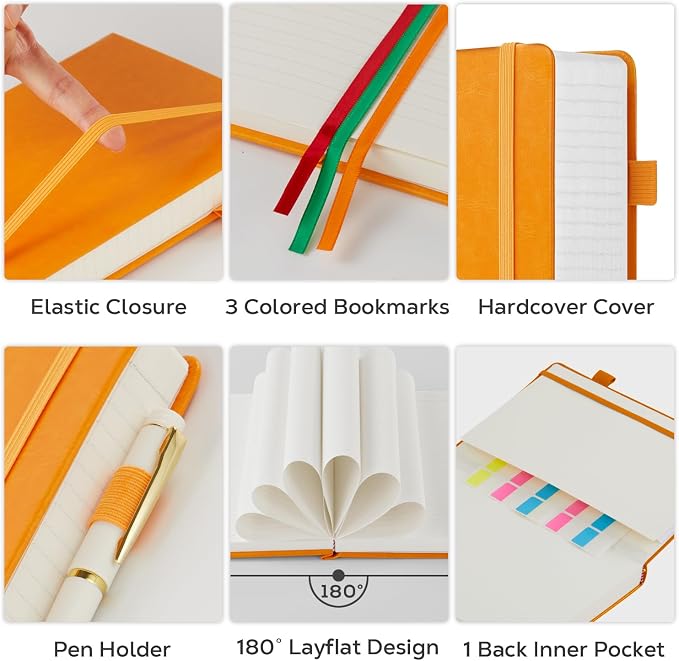 FOCUS DAY Leather Lined Notebook Journal, 320 Pages Hardcover Notebook Journals for Writing Note Taking Women & Men, B5 (7.1'' X 10'') College Ruled Daily Notebook Journal, Orange