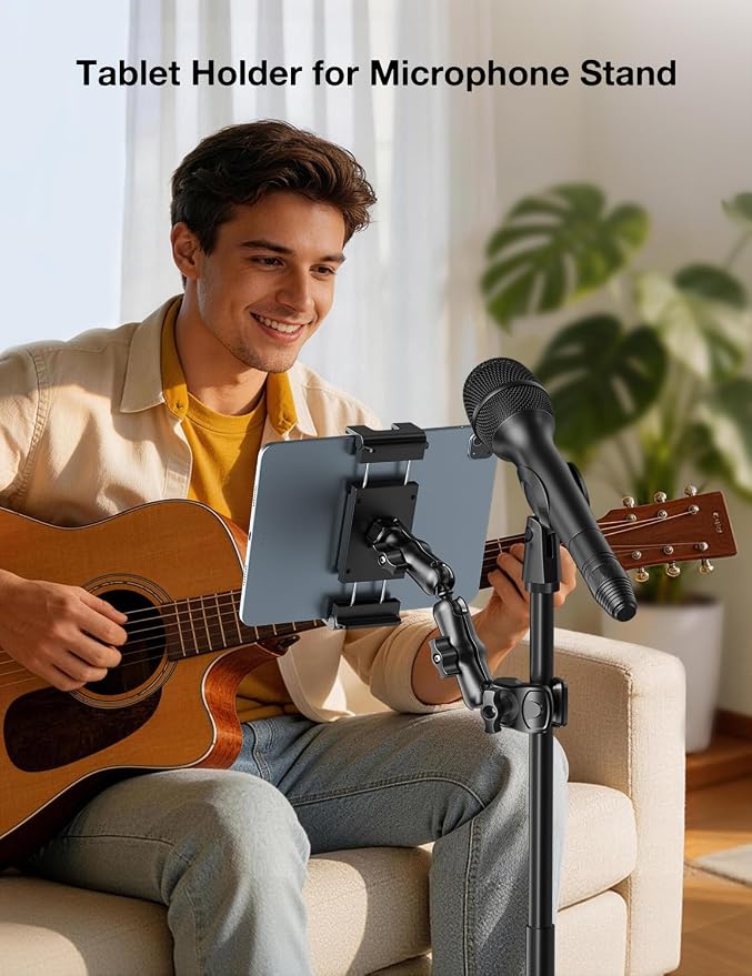 PLDHPRO Tablet Holder for Mic Stand,iPad Clamp Mount with Long Arm,360°Rotating Adjustable Tablet Mount for Microphone Stand,Fits 5.5"-14.6" iPad Pro 12.9, Galaxy,iPhone