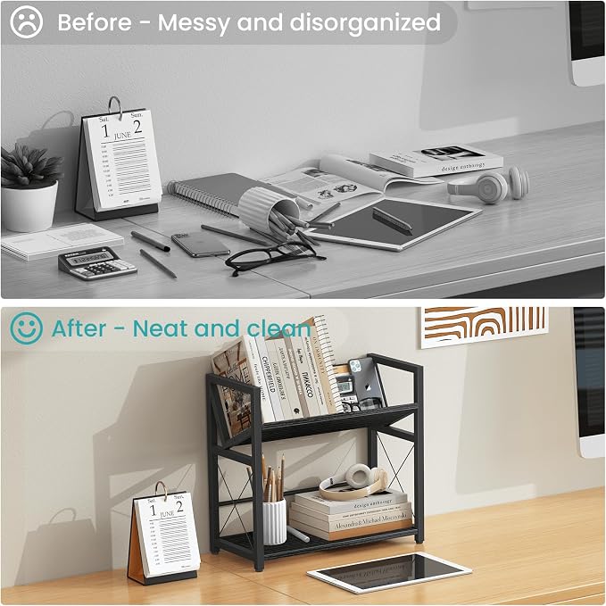 ELITEROO Desktop Bookshelf, 2 Tier Desk Book Organizer Shelf, Wood Tabletop Bookshelf Storage, Small Desk Top Bookcase for Office, Home, or Study, Mini Table Book Rack for Display, Black