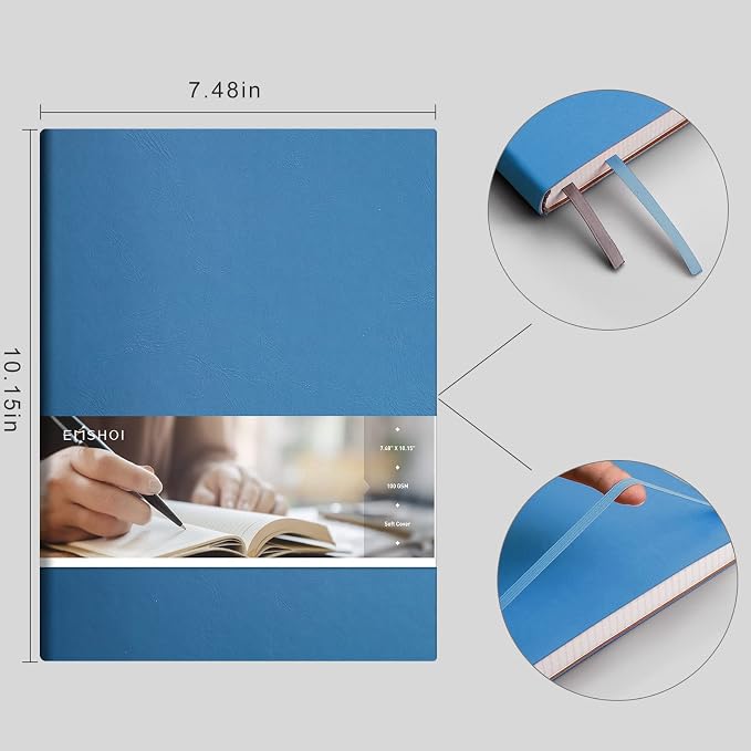 EMSHOI B5 College Ruled Notebook, Large 7.5"x10", 204 Numbered Pages 100GSM Ink-Proof Faux Leather Softcover Lay-Flat Lined Journal for Work Office School Study Writing, LightBlue