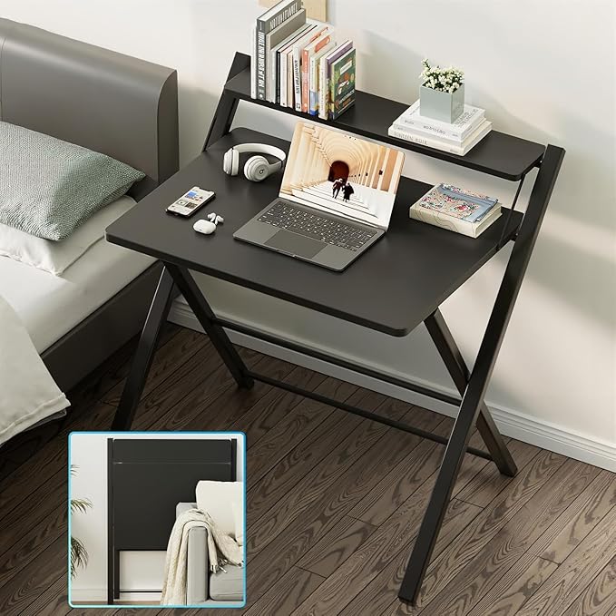 Simple Deluxe No Assembly Folding Desk with Shelf, 2-Tier Compact Computer Table, Space Saving Foldable Table for Home Office, Dorm or Apartment, Portable Collapsible Sturdy Laptop Desk, Black