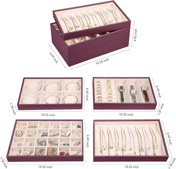 LANDICI Stackable Jewelry Organizer Trays 4 Set,PU Leather Jewelry Organizer Drawer,Jewelry Storage Display Tray for Earring Necklace Rings Bracelet with Removable Dividers,Purple