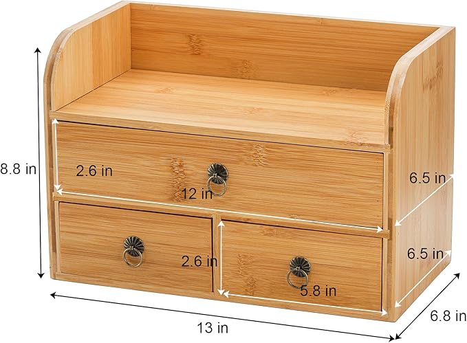 Nicunom Bamboo Desk Organizer, 3-Tier Bamboo Tabletop Storage Organization Multifunctional Desktop Organizer with Drawers for Home Office Toiletries Supplies Vanity