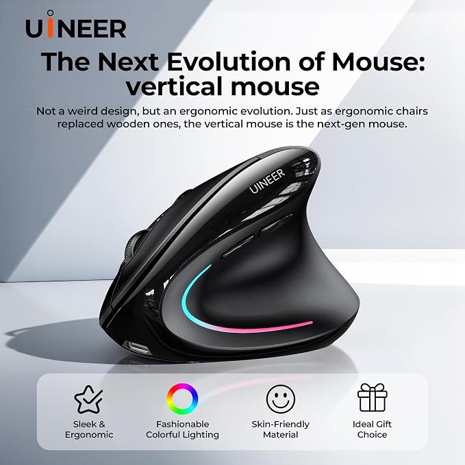 Uineer Wireless Ergonomic Mouse, Wireless Bluetooth Rechargeable Vertical Mouse, 7 Color LED, 4 DPI Adjustable, USB-A Receiver, Wrist Strain Relief,Optical Mice for Computer/PC/Laptop, Black (Black)