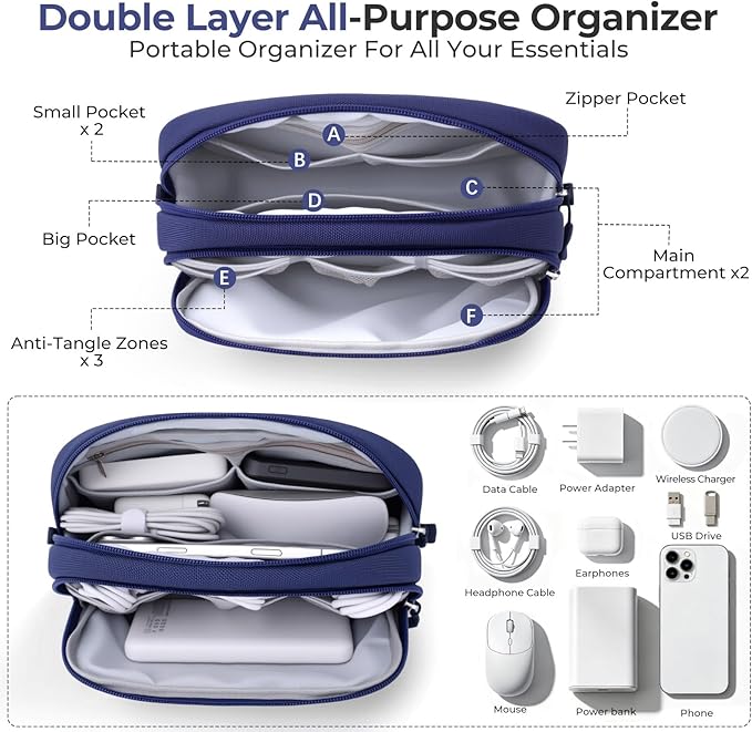 Skycase Travel Cable Organizer - Lightweight Water Resistant Dual-Layer Tech Pouch with Wrist Strap 10 Compartments Electronic Organizer Travel Case for Charger Cord Hard Drive,Medium,Blue