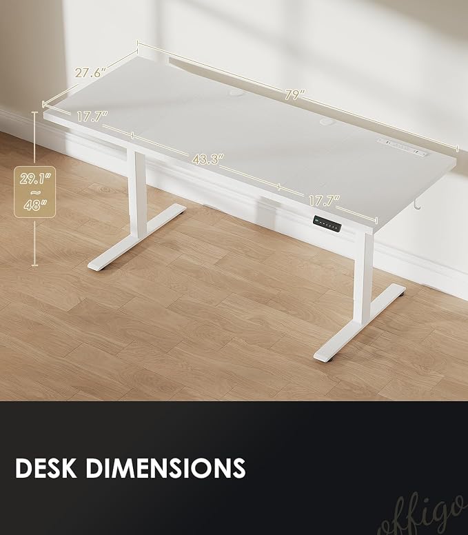 OffiGo 79 Inch Executive Electric Standing Desk Height Adjustable, White | 1.38" Thick 3-Panel Desktop, Power Outlets, 3 Memory Presets, Dual-Beam Frame for Home Office, Workstation, Conference Room
