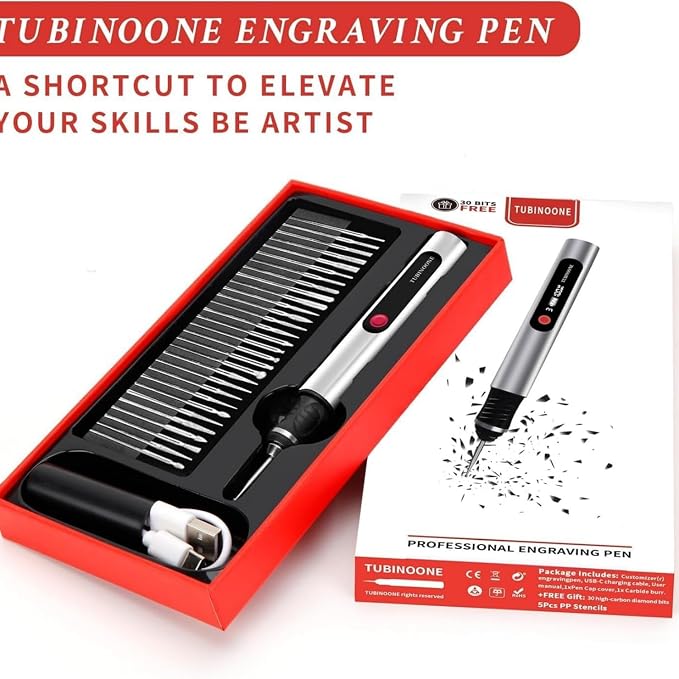 TUBINOONE Engraving Pen, Ultimate Cordless Portable Tool for Artists & DIYers - Engrave 50+ Surfaces - Beginner Friendly - Rechargeable - Free 30 Bits & Mastery Guide & Stencils (Silver)