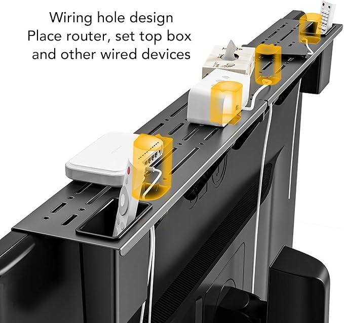 TV Top Shelf Adjustable Monitor Floating Shelf with 2 Storage Boxes Computer Monitor Shelf Hollow Design for Space Saving