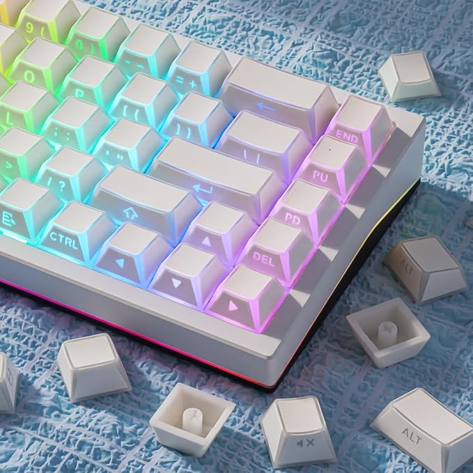 Hyekit White PBT Shine Through Keycaps, Cherry Profile Side Print RGB Backlit Keycaps for Mechanical Keyboards, 136 Keys Full Set with Shine Through Edges, Gaming Office Typing Custom Keycaps