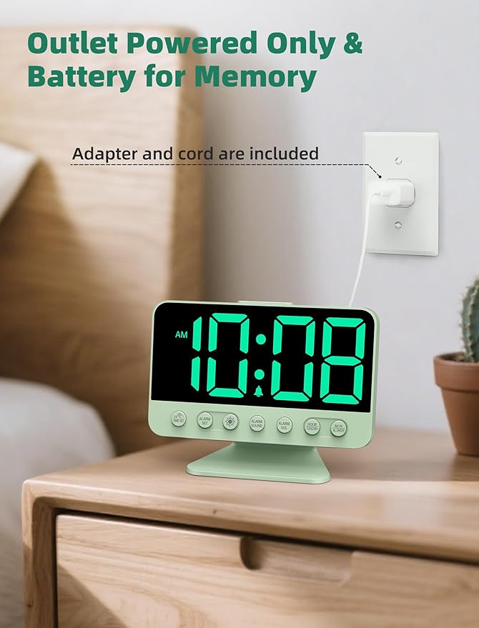 Odokee Digital Alarm Clocks for Bedrooms with Large Bold Number | Electric Desk Clock with Night Light & Brightness Dimmer - Loud Alarm for Heavy Sleepers with Adjustable Volume - Sage Green