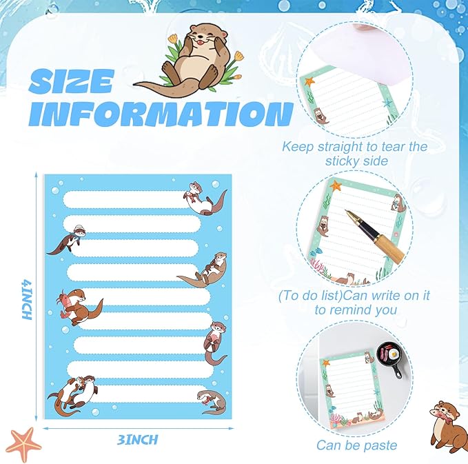 12 Pads Otters Sticky Notes Cute Animal Sticky Note Pads 3 x 4 Inches Cartoon Adhesive Memo Reminder Decor for Sea Otter Lovers Journal Home Office Gifts Christmas Small Gift
