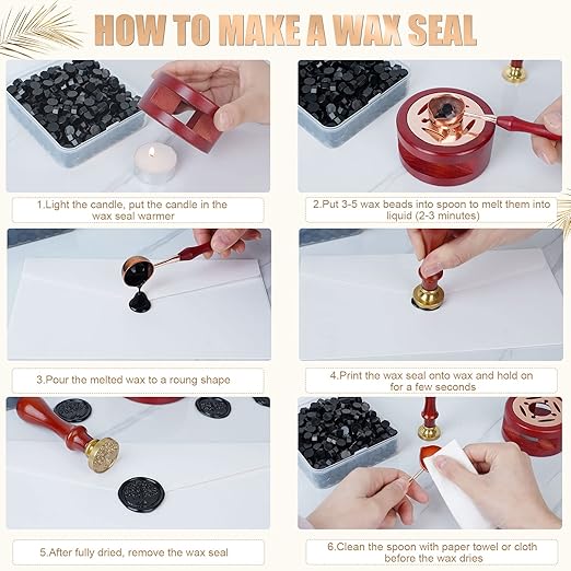 Wax Seal Stamp Kit - 357Pc Set with Wax Beads, Stamp, Warmer, Spoon, Candles for Vintage Envelopes & Letters (Black)