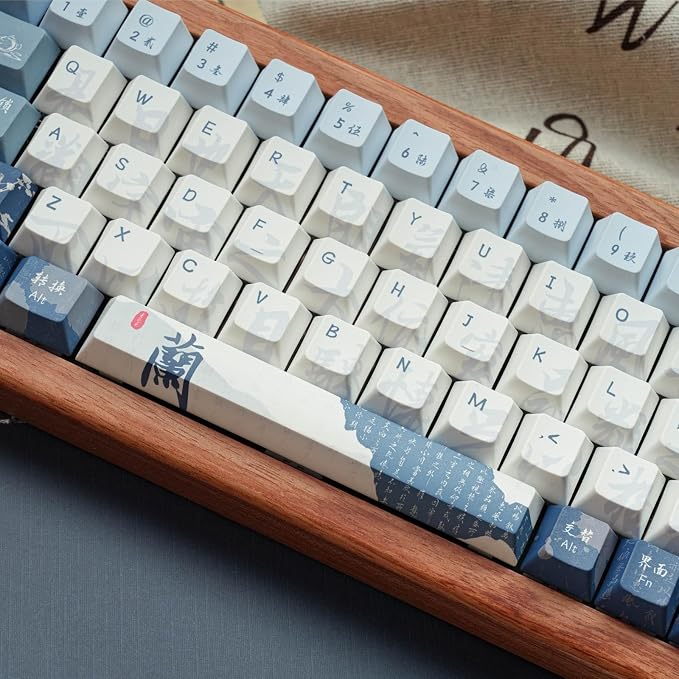 Blue White keycap 130 Key Dye Sublimation PBT keycaps Chinese Calligraphy Keycap Keycaps Cherry Profile Creamy Custom Keycap Set for 60%/65%/75%/TKL/96%/100% US Layout Mechanical Keyboard