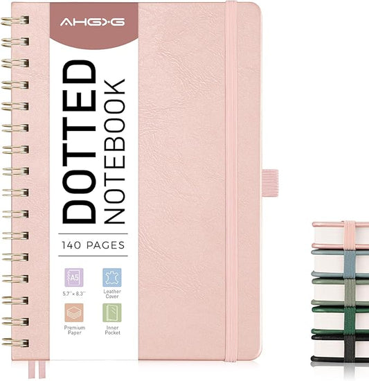 AHGXG Dotted Journal Spiral Notebook, Hardcover Leather Dotted Notebook 140 Pages, A5 Dot Grid Paper Notebook, 100 gsm Thick Paper, for Dotted Journaling, 5.7" x 8.3", Rose Gold