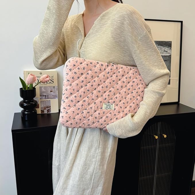 Cute Laptop Sleeve 13-15 inch Laptop Case Aesthetic Quilted Laptop Sleeve Computer Bag with Flower Printing for MacBook (A-Pink, 13inch)