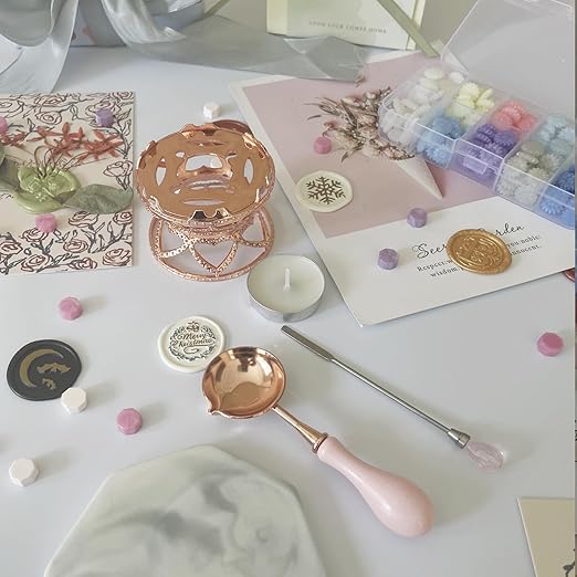 Metal Wax Seal Warmer Kit with Spoon and Stirring Stick, for Wedding Wax Envelope Seal Stamp (Small Waist Rose Gold Stove)