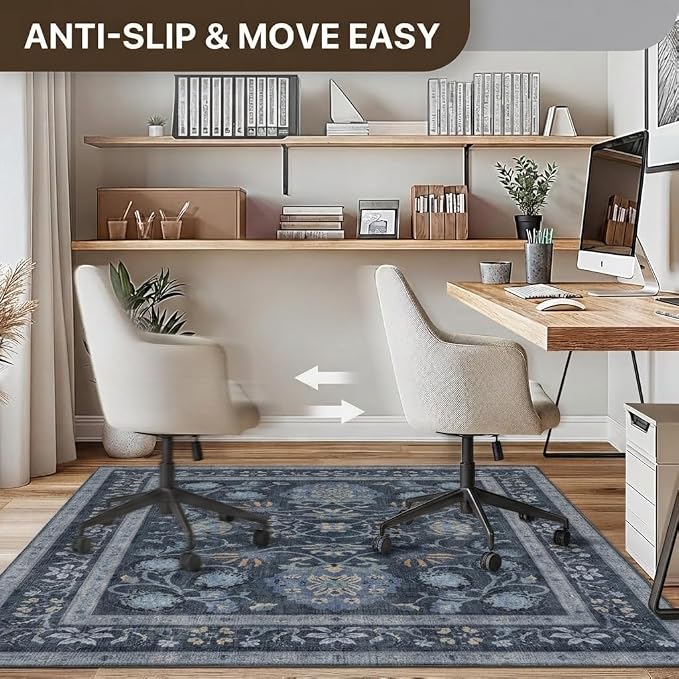 48"x60" Office Chair Mat for Hardwood Tile Floor, Under Desk Carpet Protector for Rolling Computer Chair Mat, Machine Washable Area Rug, Anti-Slip 1/5" Thick Low Pile Thin Vinyl Floor Mat, Grey Blue