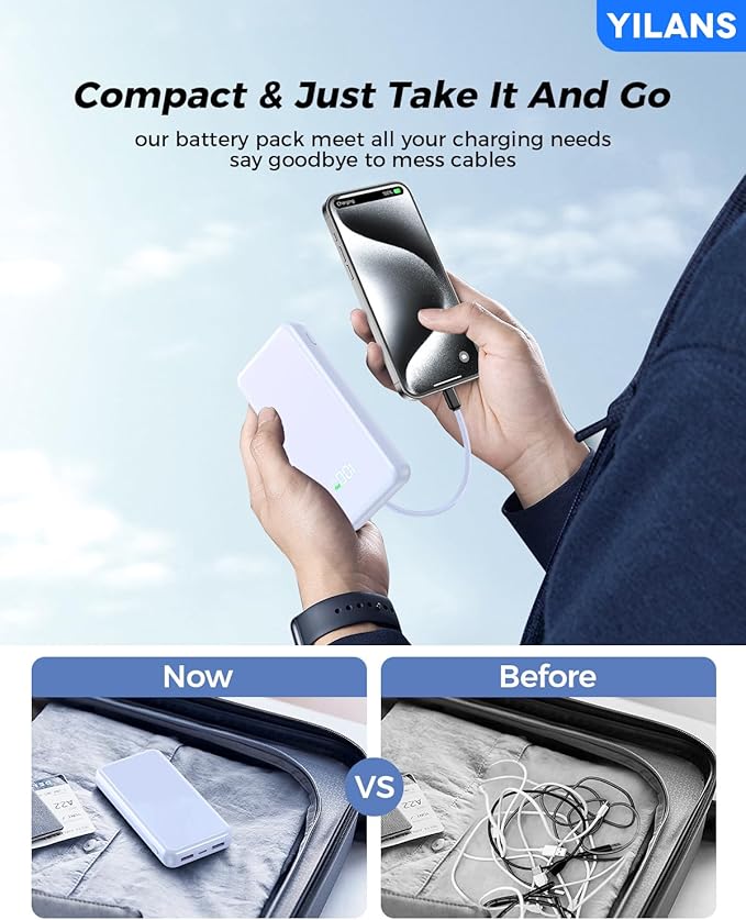 Portable Charger,50000mAh Power Bank Built-in Cable, 22.5W PD USB C In & Out Fast Charging, External Battery Pack with 6 Output & 2 Input, Travel Phone Charger for iPhone 17/16/15/14/13/12(Azure)