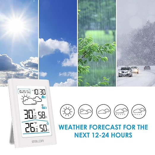 BALDR Indoor Outdoor Thermometer Wireless with Clock, Battery Powered Weather Station Indoor Outdoor, Portable Outside Temperature Monitor for Home Patio