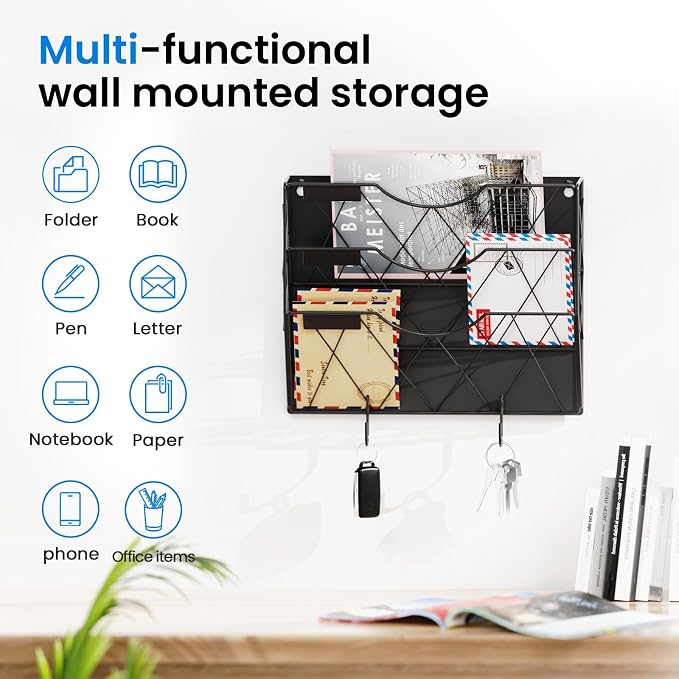 Patvingot Strong Magnetic File Holder, 3-Tier No-Drill Organizer | File cabinets, refrigerator sides and whiteboards; up to 8.8 lb; 3 tiers keep folders, mail and magazines visible and sorted
