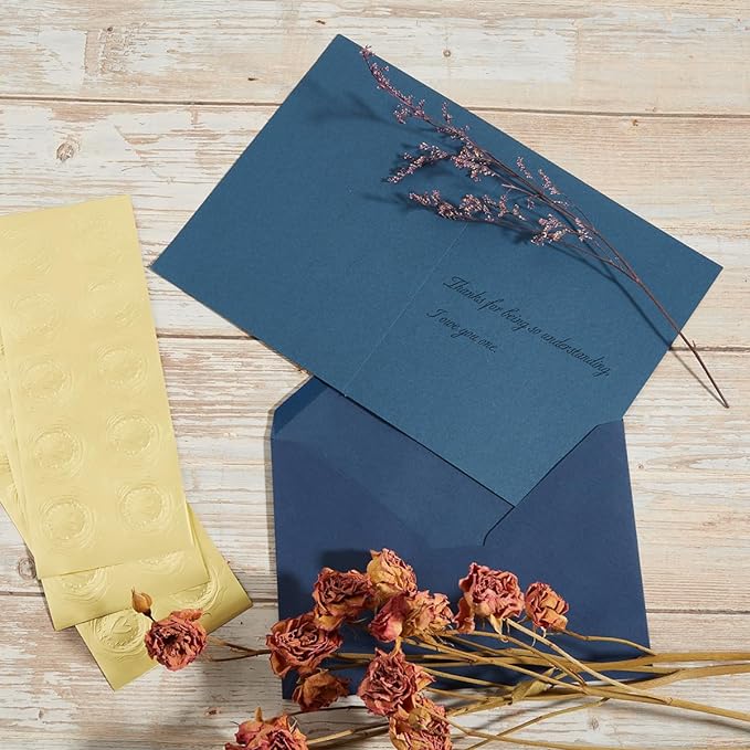 50 Pack Navy Blue A7 Envelopes with Cards and Gold Stickers, 5x7 | With Thick Folded Cardstock, For Greeting Cards, Wedding, Birthday, Invitations, Baby Showers