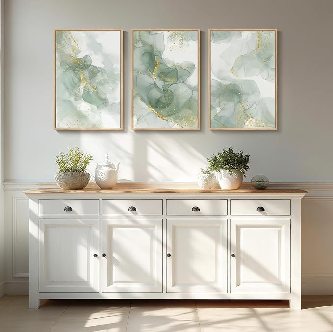Framed Sage Green Abstract Wall Art, 3 Piece Modern Canvas Prints Paintings Artwork for Walls, Minimalist Green and Gold Abstract Art Pictures for Bedroom Living Room Dining Room Wall Decor 16x24 In