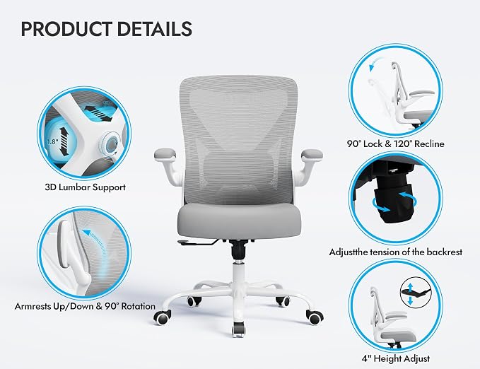 Office Chair Ergonomic Desk Chair Comfy: 330LBS Mesh Computer Chair Ergonomic Gaming Chairs with Wheels Adjustable Lumbar Support and Flip up Armrest-Swivel Executive Chairs Long Hours(White Gray)