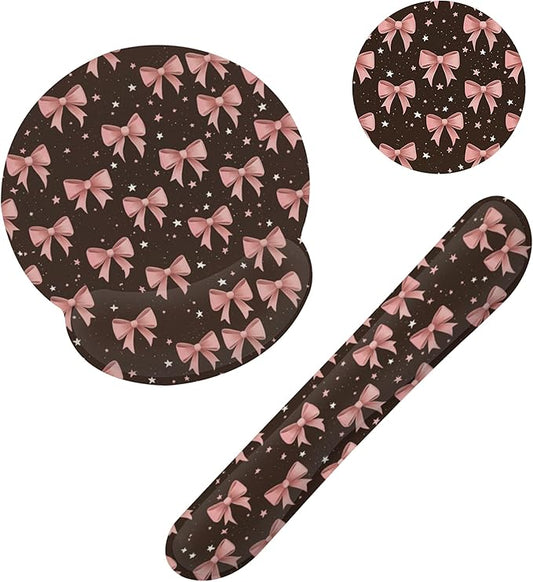 Cute Pink Bows Keyboard Wrist Rest Pad Mouse Pad Set,Ergonomic Mousepad Wrist Support Memory Foam Desk Pad for Gaming Office,Non-Slip Rubber Base Easy Typing for Home Office Computers