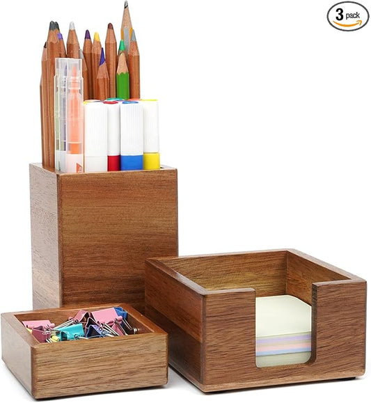 RAWILL 3 PCS Wooden Desk Organizer Set, Acacia Wood Office Desk Accessories with Pen Holder, Paperclip Storage and Sticky Note Holder,Wood Grain Clear, Ideal Gift for Office and Family