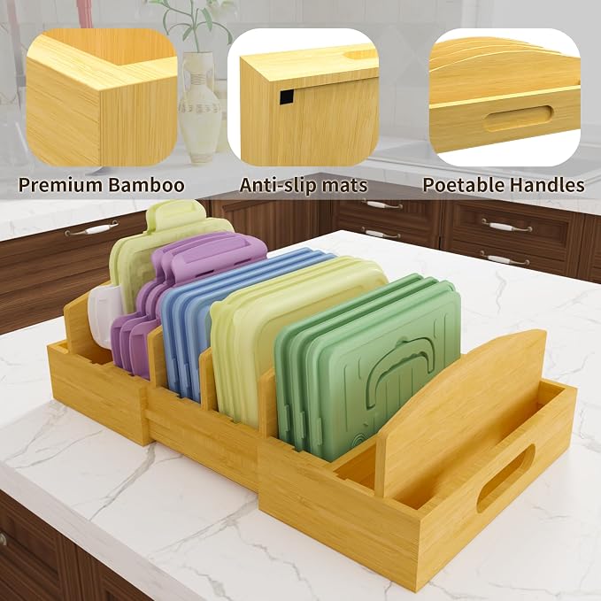 Lid Organizer for Cabinet – Bamboo Kitchen Storage for Plastic Lids, Adjustable Drawer Dividers, Food Container Organizer (Fits Cabinets & Drawers) (Extra Large)