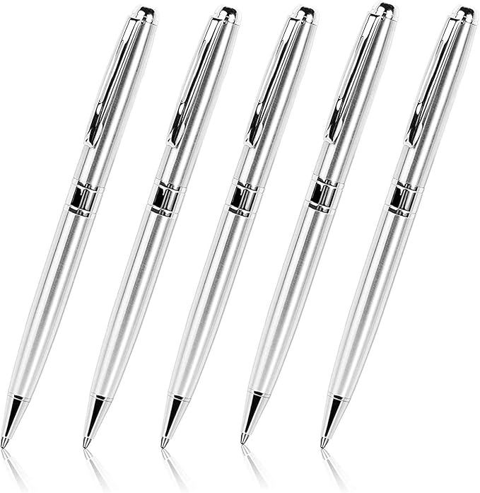 Cambond Ballpoint Pens Black Ink - Weighted Metal Twist Silver Pens for Police Uniform Flight Attendant Business, 1.0 mm Medium Point Smooth Writing, 5 Pack (Silver)