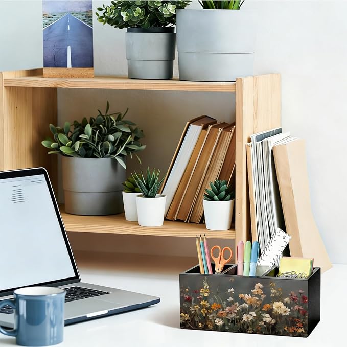 Vintage Floral Pen Pencil Holder for Desk, Moody Cottagecore Botanical Flower Wooden Box Sign Organizer for Home Room Office Bedroom Desk Accessories Tabletop Decorations