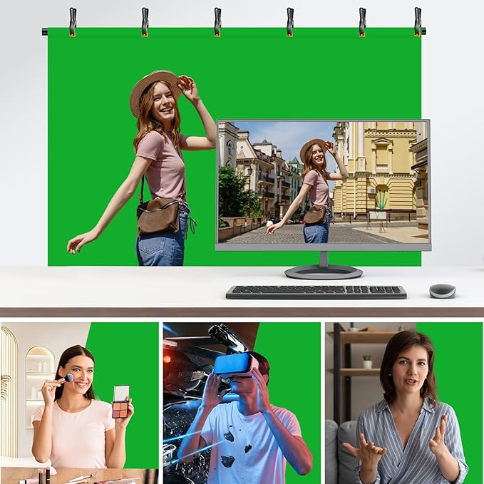 EMART Green Screen Backdrop Kit with Reverse Folding Base, 5x6.5ft Photo Greenscreen Background with Portable T-Shape Stand and 6 Clamps for Photography, Photoshoot, Studio Video Recording, Streaming